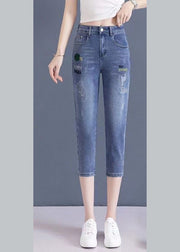 Vogue Blue Embroidered Button Crop Jeans