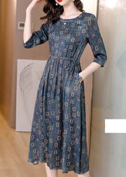Vogue Blue O-Neck Plaid Drawstring Tie Waist Silk Party Dress Half Sleeve