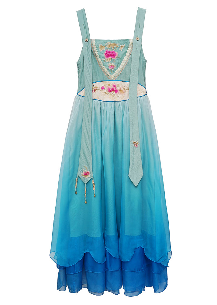 Vogue Blue Slash Neck Embroidered Floral Gradient Color Button Silk Maxi Dress Sleeveless