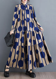 Vogue Blue Stand Collar Dot Print Wrinkled Holiday Chiffon Maxi Dress Spring
