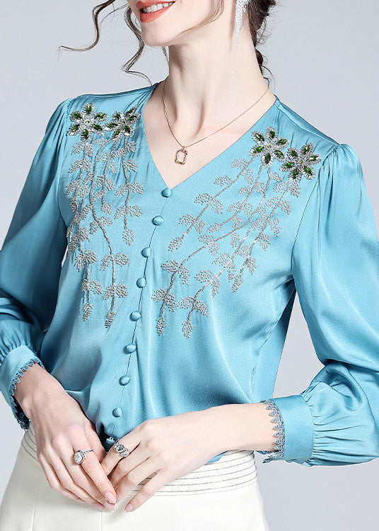 Vogue Blue V Neck Embroidered Button Nail Bead Silk Top Long Sleeve