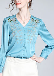 Vogue Blue V Neck Embroidered Button Nail Bead Silk Top Long Sleeve