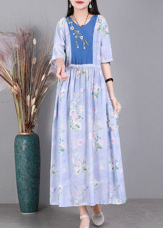 Vogue Blue V Neck Embroidered Print Patchwork Silk Holiday Dress Short Sleeve