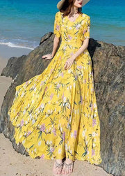 Vogue Blue V Neck Print Chiffon Maxi Beach Dresses Summer