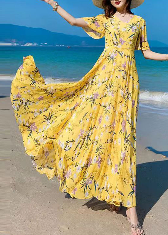 Vogue Blue V Neck Print Chiffon Maxi Beach Dresses Summer