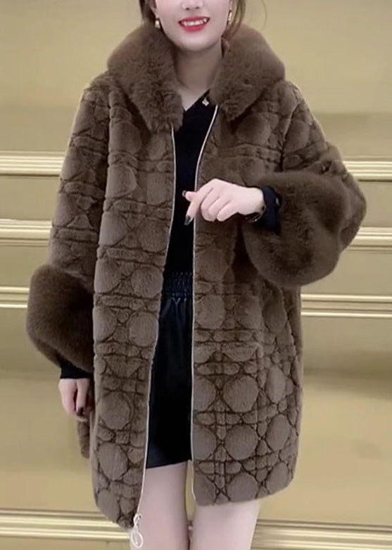 Vogue Brown Fur Collar Zippered Mink Velvet Thick Hooded Coats Winter