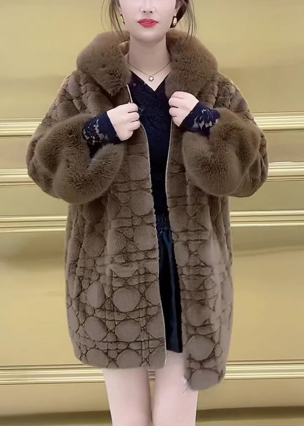 Vogue Brown Fur Collar Zippered Mink Velvet Thick Hooded Coats Winter