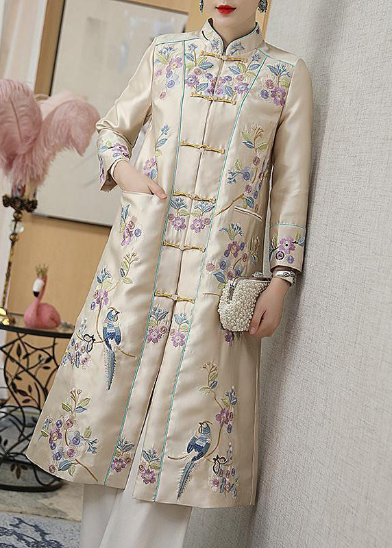 Vogue Champagne Stand Collar Embroidered Floral Bird Button Pockets Satin Coats Long Sleeve