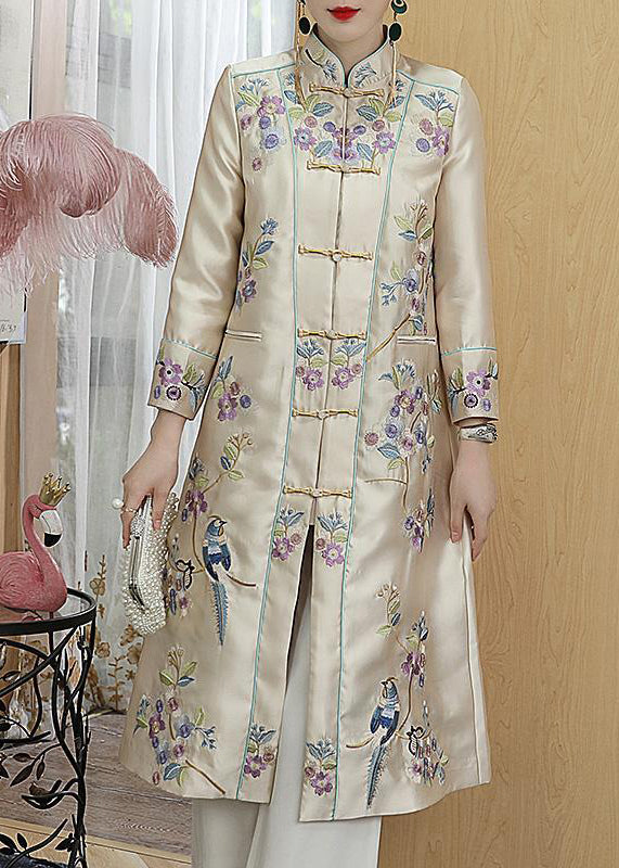 Vogue Champagne Stand Collar Embroidered Floral Bird Button Pockets Satin Coats Long Sleeve