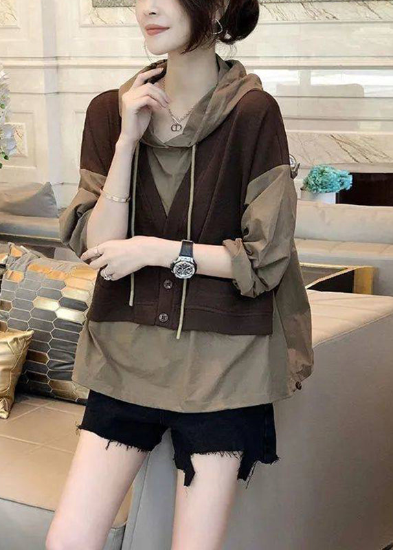 Vogue Chocolate Colour Patchwork Fake Two Pieces Hooded Sweatshirts Long Sleeve
