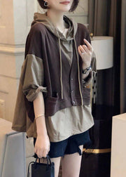 Vogue Chocolate Colour Patchwork Fake Two Pieces Hooded Sweatshirts Long Sleeve