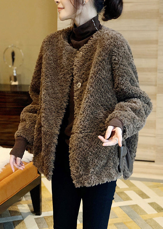 Vogue Chocolate O-Neck Button Thick Faux Fur Coat Fall