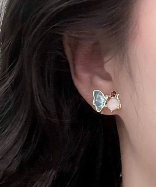 Vogue Colorblock Alloy Crystal Butterfly Enamel Floral Stud Earrings