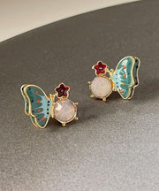 Vogue Colorblock Alloy Crystal Butterfly Enamel Floral Stud Earrings