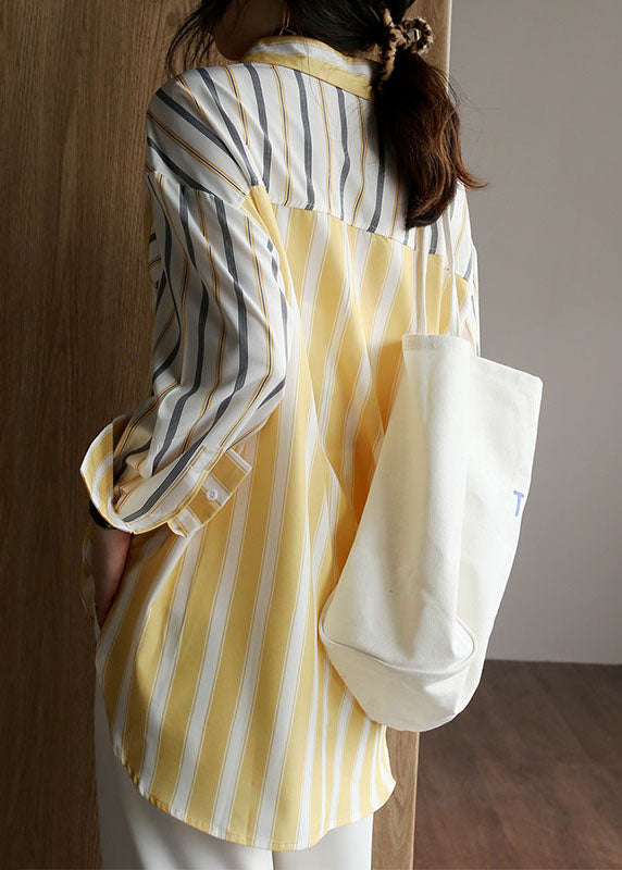 Vogue Colorblock Striped Asymmetrical Patchwork Low High Design Shirt Long Sleeve