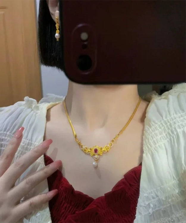 Vogue Gold Ancient Gold Pearl Zircon Gem Stone Tassel Pendant Necklace