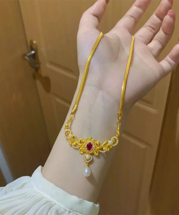 Vogue Gold Ancient Gold Pearl Zircon Gem Stone Tassel Pendant Necklace