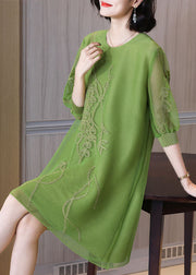 Vogue Green O-Neck Embroidered Holiday Tulle Mid Dress Fall