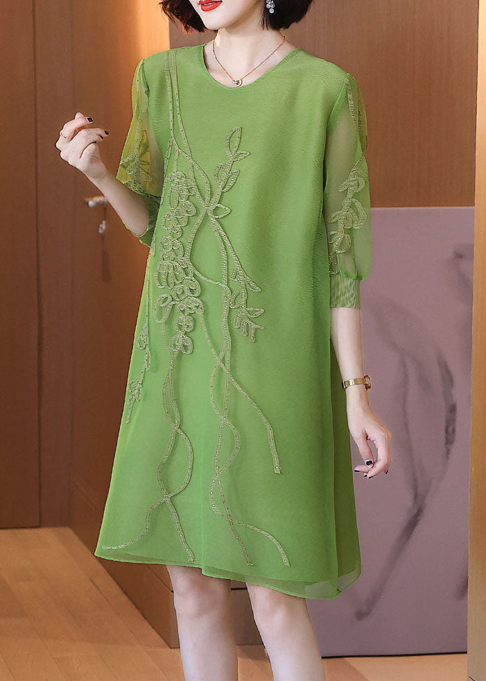 Vogue Green O-Neck Embroidered Holiday Tulle Mid Dress Fall
