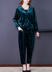 Vogue Green Print Silk Velour Hooded Coats And Harem Pants Two Pieces Set Fall