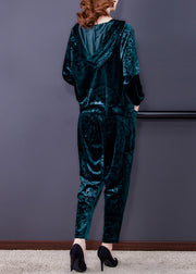 Vogue Green Print Silk Velour Hooded Coats And Harem Pants Two Pieces Set Fall