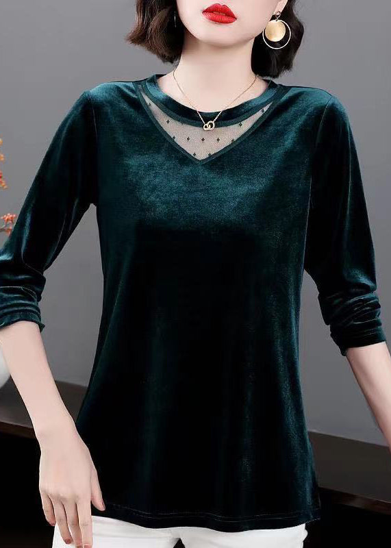 Vogue Green Tulle Patchwork Silk Velour Shirt Tops Long Sleeve