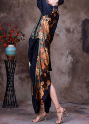 Vogue Green V Neck Patchwork Print Silk Dresses Long Sleeve