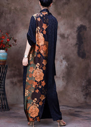 Vogue Green V Neck Patchwork Print Silk Dresses Long Sleeve