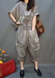Vogue Grey O-Neck, zerknittertes Leinenoberteil und Harm Pants, zweiteiliges Set mit Fledermausärmeln