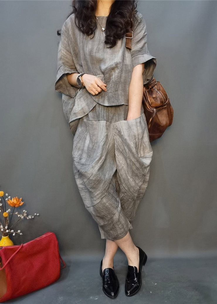 Vogue Grey O-Neck, zerknittertes Leinenoberteil und Harm Pants, zweiteiliges Set mit Fledermausärmeln