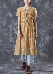 Vogue Khaki Puff Sleeve Patchwork Print Wrinkled Chiffon Dress Summer