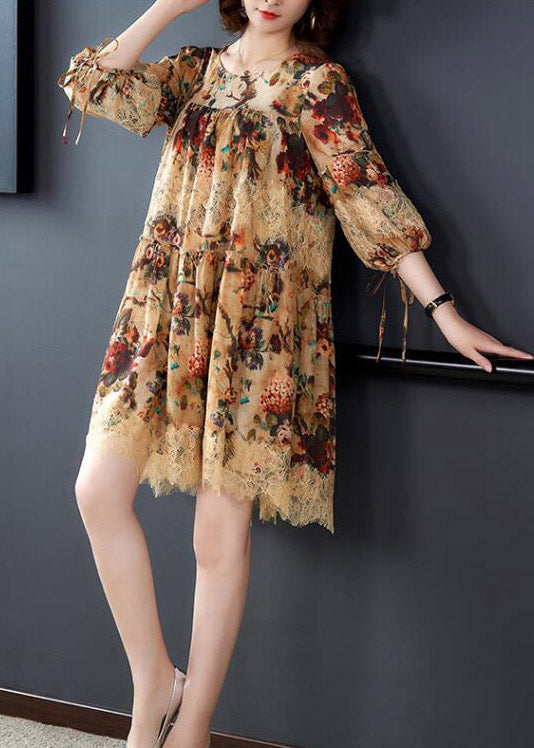 Vogue O-Neck Print Knitterspitze Patchwork-Seide Mid Dress Long Sleeve