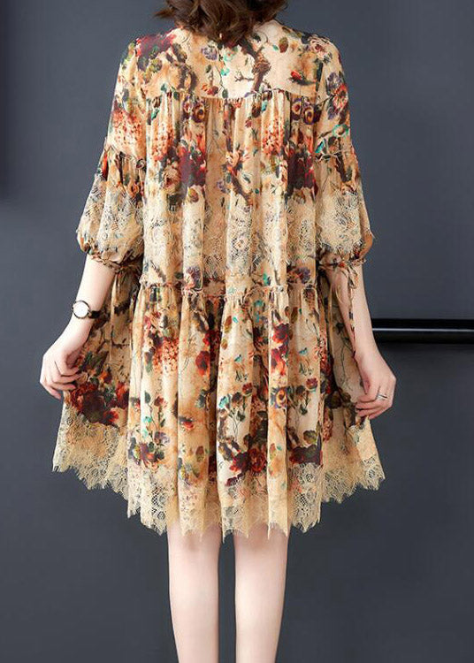 Vogue O-Neck Print Knitterspitze Patchwork-Seide Mid Dress Long Sleeve