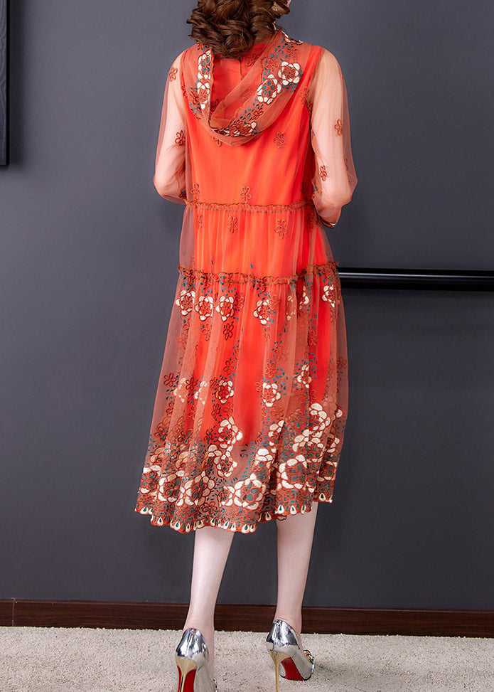 Vogue Orange Embroidered Floral Tulle Hooded Long Dresses Spring