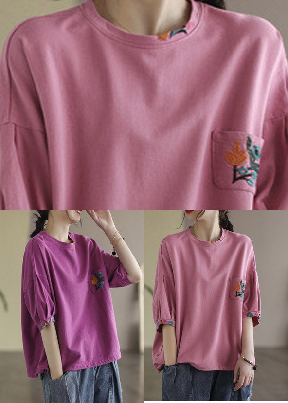 Vogue Pink O-Neck Besticktes T-Shirt Halbarm