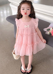 Vogue Pink Ruffled Patchwork Tulle Kids Mid Dress Summer