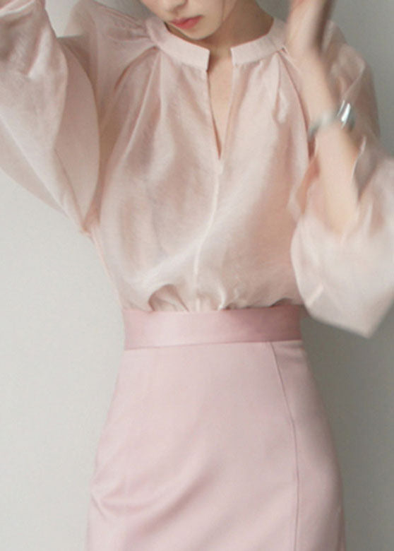 Vogue Pink V Neck Silk Shirts Lantern Sleeve