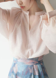 Vogue Pink V Neck Silk Shirts Lantern Sleeve