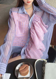 Vogue Purple Peter Pan Collar Asymmetrical Ruffled Patchwork Striped Button Shirt Long Sleeve