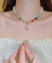 Vogue Rainbow Alloy Crystal Pearl Square Pendant Necklace