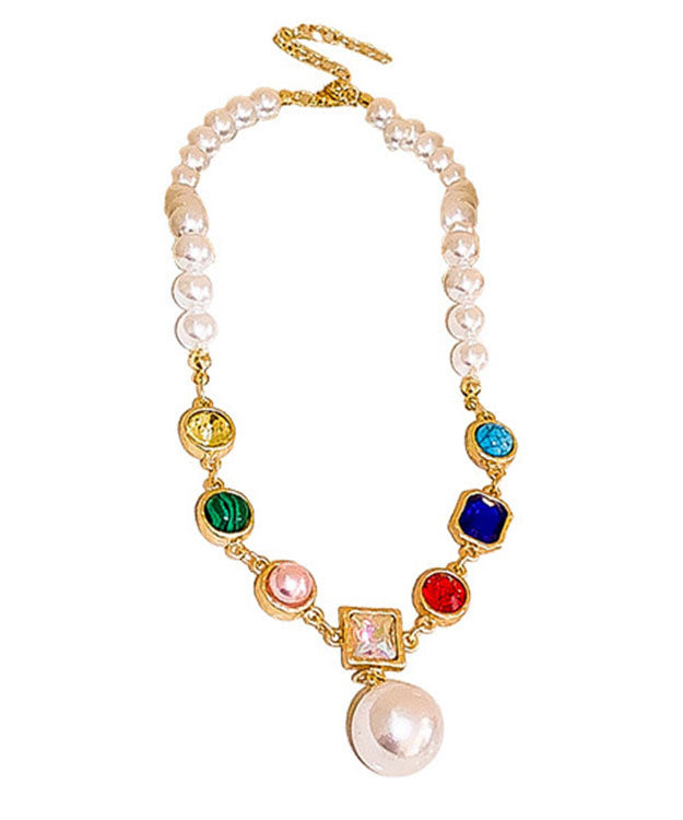 Vogue Rainbow Alloy Crystal Pearl Square Pendant Necklace