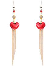 Vogue Red 14K Gold Cinnabar Ruyi Tassel Drop Earrings