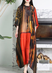 Vogue Red O-Neck Asymmetrical Print Silk Maxi Dress Summer