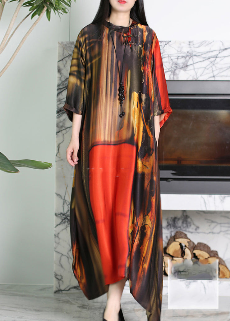 Vogue Red O-Neck Asymmetrical Print Silk Maxi Dress Summer