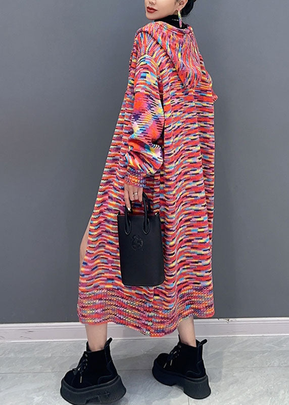Vogue Red Print Maxi Hooded Knit Cardigans Long Sleeve