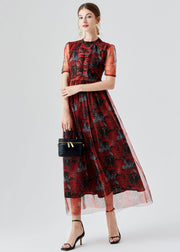 Vogue Red Ruffled Print Patchwork Tulle Long Dress Summer