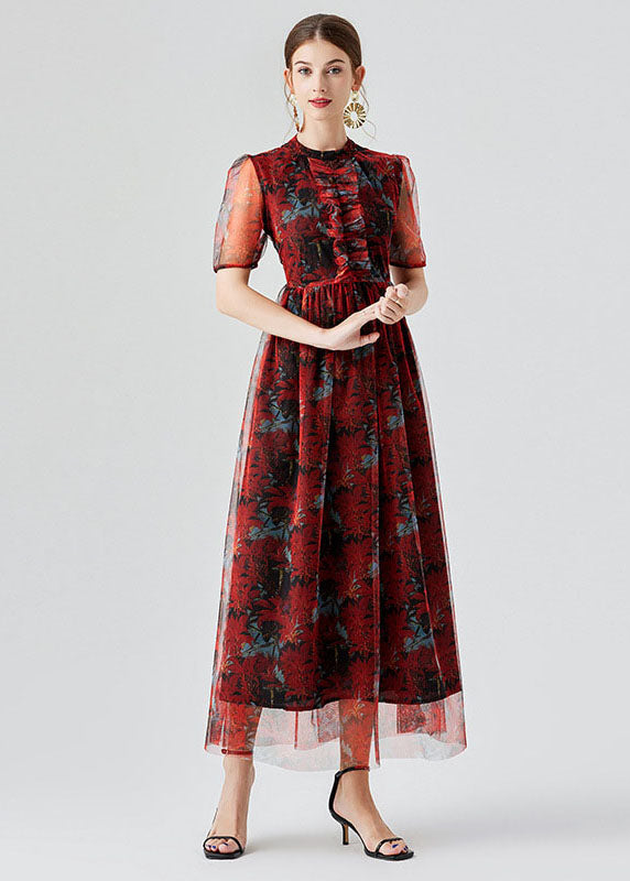 Vogue Red Ruffled Print Patchwork Tulle Long Dress Summer