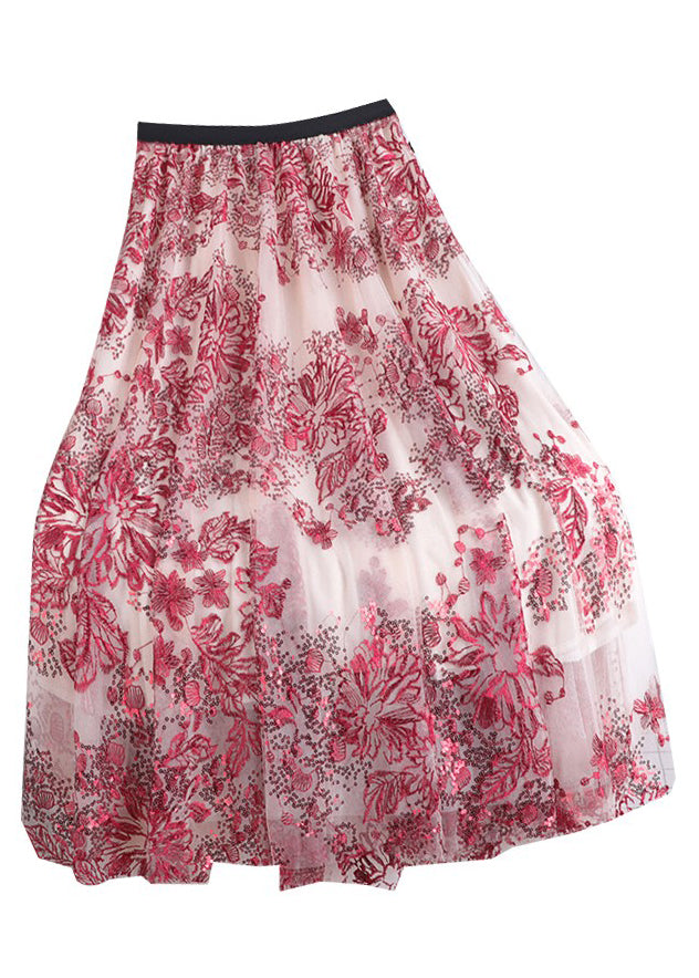 Vogue Red Pailletten bestickter floraler Tüllrock mit hoher Taille Sommer