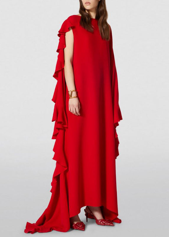 Vogue Red Ssymmetrical Ruffled Patchwork Chiffon Long Dresses Summer
