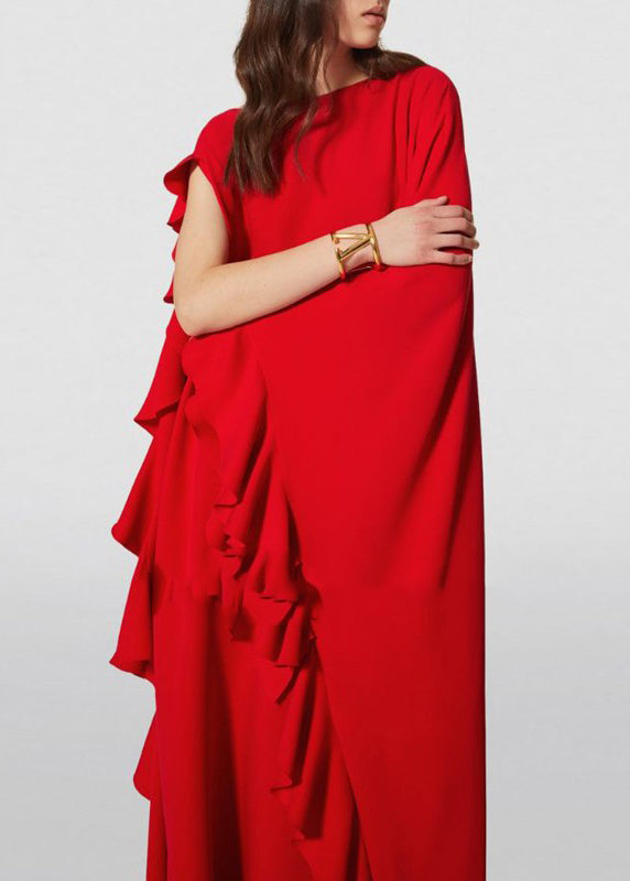Vogue Red Ssymmetrical Ruffled Patchwork Chiffon Long Dresses Summer